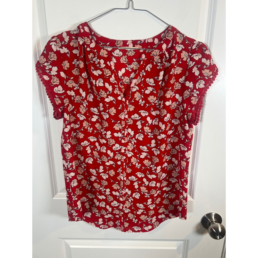 Fun2Fun Womens Blouse Floral Crochet Trim Red S
